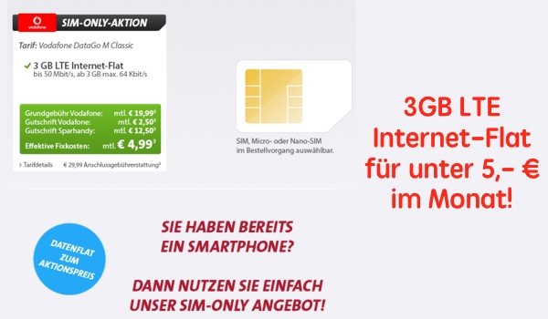günstiger Datentarif im Vodafonenetz unter 5 Euro