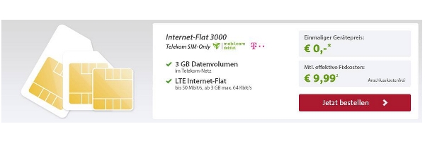 günstiger Telekom Datentarif 3GB LTE 4G unter 10 Euro im Monat