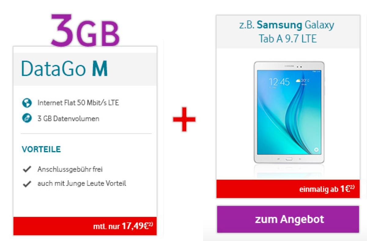 Vodafone DataGo M Datentarif LTE mit Samsung Galaxy Tablet